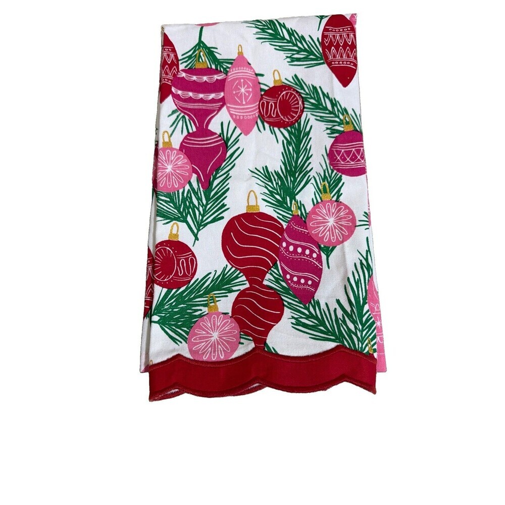 Mary Square Trim Tree Tea Towel Ornaments Pink & Red Shiny Bright 26”x18”
